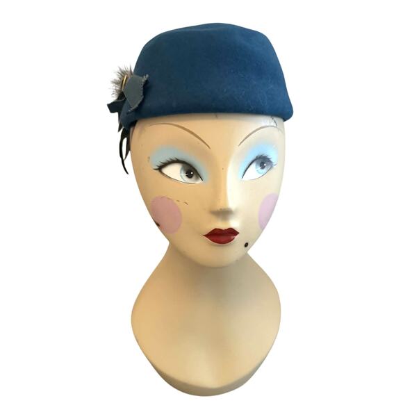 Vintage 80s Liz Claiborne Accessories Blue Wool Felt Pillbox Hat Feather USA main image 7
